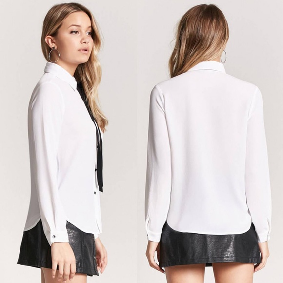 Off White Bow Tie Button Shirt Chiffon Blouse Top - Picture 3 of 8